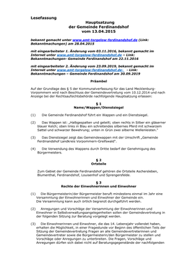 Lesefassung Hauptsatzung Der Gemeinde Ferdinandshof Vom