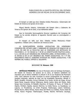 Publicado En La Gaceta Oficial Del Estado Número 259 De Fecha 29 De Diciembre 2003