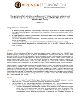 Virunga National Park Is Looking for an Economist / Political Scientist to Lead an Impact Evaluation Team (2 Years Contract Base