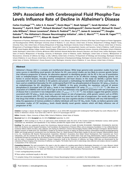 Snps Associated with Cerebrospinal Fluid Phospho-Tau Levels Influence Rate of Decline in Alzheimer’S Disease