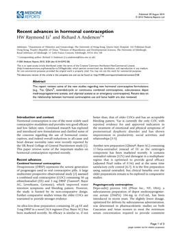 Recent Advances in Hormonal Contraception HW Raymond Li1 and Richard a Anderson2*