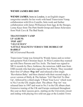 Wendy James Bio 2019