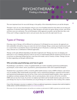 PSYCHOTHERAPY Finding a Therapist