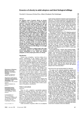 Genetics of Obesity in Adult Adoptees and Their Biological Siblings BMJ: First Published As 10.1136/Bmj.298.6666.87 on 14 January 1989