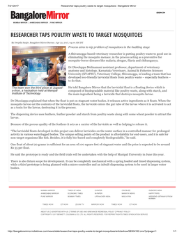 Researcher Taps Poultry Waste to Target Mosquitoes - Bangalore Mirror