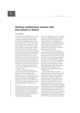 Solitary Confinement, Section 350, Evin Prison in Tehran