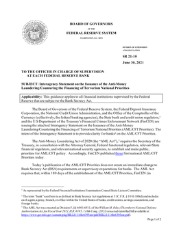 FRB: Supervisory Letter SR 21-10 on Interagency Statement on The