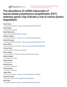 Esterase Genes May Indicate a Role in Marine Plastic Degradation