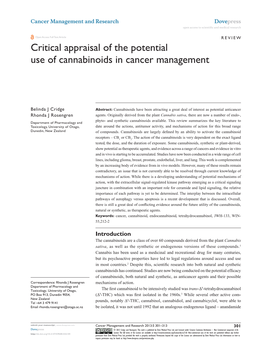 Critical Appraisal of the Potential Use of Cannabinoids in Cancer Management