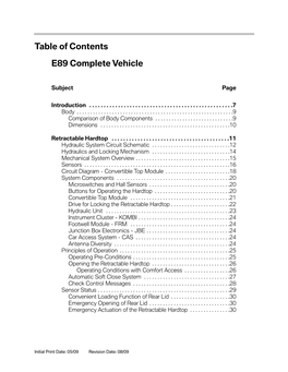 E89 Complete Vehicle Table of Contents