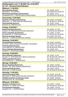 Notdienstplan Vom 11.08.2021 Bis 12.09.2021 Für