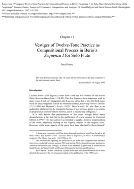 Vestiges of Twelve-Tone Practice As Compositional Process in Berio's Sequenza I for Solo Flute