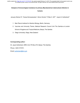 Analysis of Immunological Resistance to Primary Mycobacterium Tuberculosis Infection In