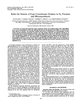 Roles for Enteric D-Type Cytochrome Oxidase in N2 Fixation and Microaerobiosis SUSAN HILL,'* SABINE VIOLLET,1 ANDREW T