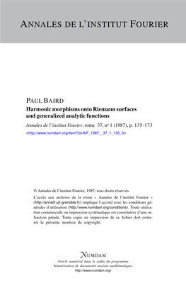 Harmonic Morphisms Onto Riemann Surfaces and Generalized Analytic Functions Annales De L’Institut Fourier, Tome 37, No 1 (1987), P