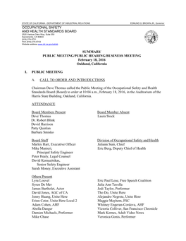 SUMMARY PUBLIC MEETING/PUBLIC HEARING/BUSINESS MEETING February 18, 2016 Oakland, California