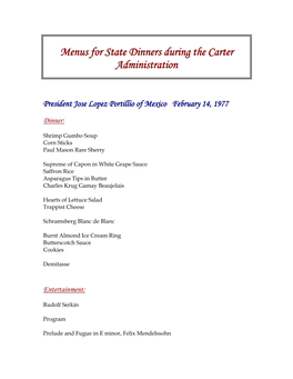 Menus for State Dinners During the Carter Administration
