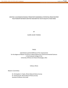 Crayfish: Scavenger Or Deadly Predator? Examining a Potential Predator-Prey Relationship Between Crayfish and Benthic Fish in Aquatic Food Webs