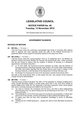 LEGISLATIVE COUNCIL NOTICE PAPER No