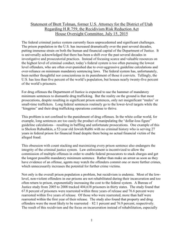 Statement of Brett Tolman, Former U.S. Attorney for the District of Utah Regarding H.R.759, the Recidivism Risk Reduction Act Ho