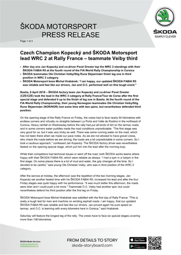 ŠKODA MOTORSPORT PRESS RELEASE Page 1 of 3