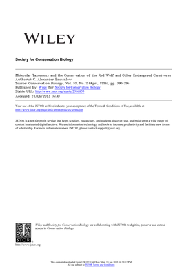 Molecular Taxonomy and the Conservation of the Red Wolf and Other Endangered Carnivores Author(S): C