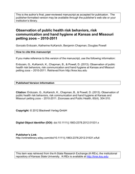 Observation of Public Health Risk Behaviors, Risk Communication and Hand Hygiene at Kansas and Missouri Petting Zoos – 2010-2011