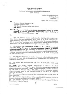 Development of Dholera Greenfield Intemationallitt Airport in Village Navagam of District Ahmedabad Tcu:Arati UV Tirpg{^Athgrjty of India (AAI)