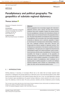 Paradiplomacy and Political Geography: the Geopolitics of Substate Regional Diplomacy