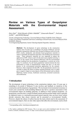 Review on Various Types of Geopolymer Materials with the Environmental Impact Assessment