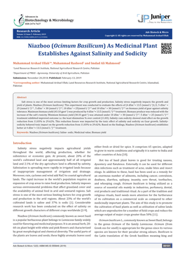 Niazboo (Ocimum Basilicum) As Medicinal Plant Establishes Against Salinity and Sodicity