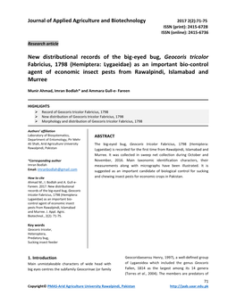 Hemiptera: Lygaeidae) As an Important Bio-Control Agent of Economic Insect Pests from Rawalpindi, Islamabad and Murree