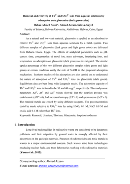 Ions from Aqueous Solutions by Adsorption Onto Glauconite (Dark Green Color) Bahaa Ahmed Salah*, Ahmed Azzam, Said A