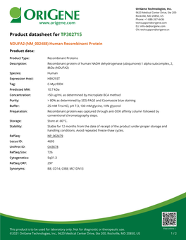 NDUFA2 (NM 002488) Human Recombinant Protein Product Data