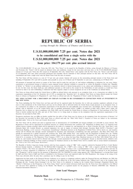 REPUBLIC of SERBIA (Acting Through the Ministry of Finance and Economy)