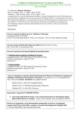 CURRICULUM PROFESSIONALE Dr. Roberto RECUPERO (Dichiarazione Sostitutiva Di Certificazione - Art