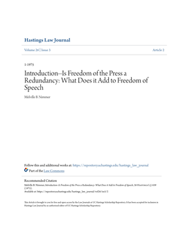Introduction--Is Freedom of the Press a Redundancy: What Does It Add to Freedom of Speech Melville B