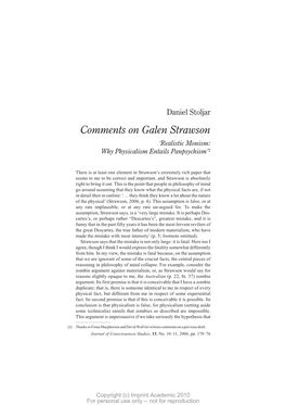 Comments on Galen Strawson ‘Realistic Monism: Why Physicalism Entails Panpsychism’1
