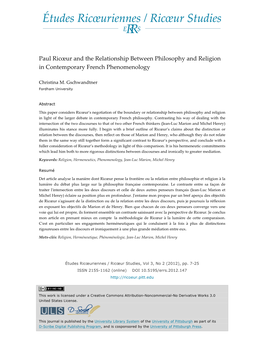 Paul Ricœur and the Relationship Between Philosophy and Religion in Contemporary French Phenomenology
