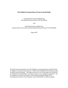 The Political Construction of Caste in South India