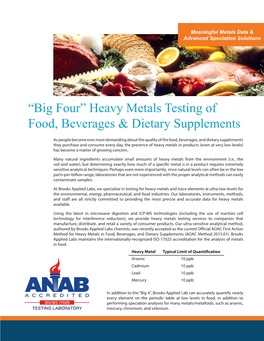 “Big Four” Heavy Metals Testing of Food, Beverages & Dietary