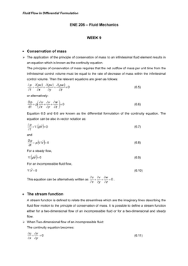 ENE 206 – Fluid Mechanics WEEK 9 • Conservation of Mass • the Stream