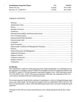 Establishment Inspection Report Fer: 1122474 Nestle USA, Inc. EI Start: 09/11/2006 Danviiie, VA 24540-5616 Eiend: 09/1212006