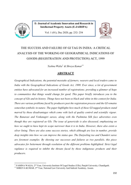 The Success and Failure of Gi Tag in India: a Critical Analysis of the Working of Geographical Indications of Goods (Registration and Protection) Act, 1999