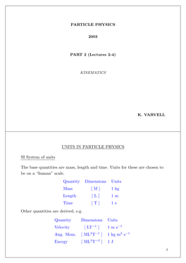 UNITS in PARTICLE PHYSICS SI System of Units the Base Quantities