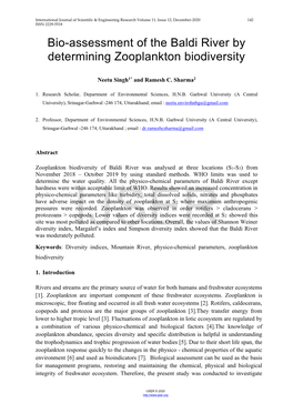 Bio-Assessment of the Baldi River by Determining Zooplankton Biodiversity