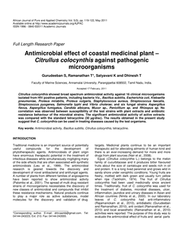 Antimicrobial Effect of Coastal Medicinal Plant – Citrullus Colocynthis Against Pathogenic Microorganisms