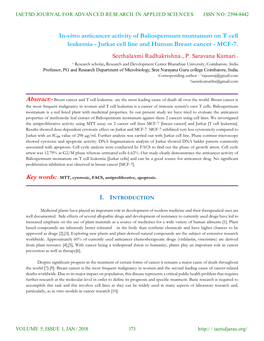 In-Vitro Anticancer Activity of Baliospermum Montanum on T Cell Leukemia - Jurkat Cell Line and Human Breast Cancer - MCF-7