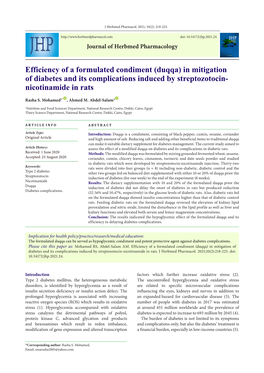 Duqqa) in Mitigation of Diabetes and Its Complications Induced by Streptozotocin- Nicotinamide in Rats