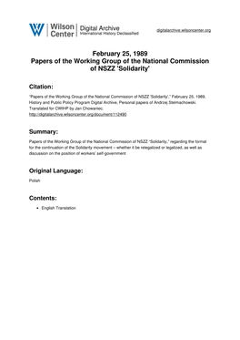 February 25, 1989 Papers of the Working Group of the National Commission of NSZZ 'Solidarity'